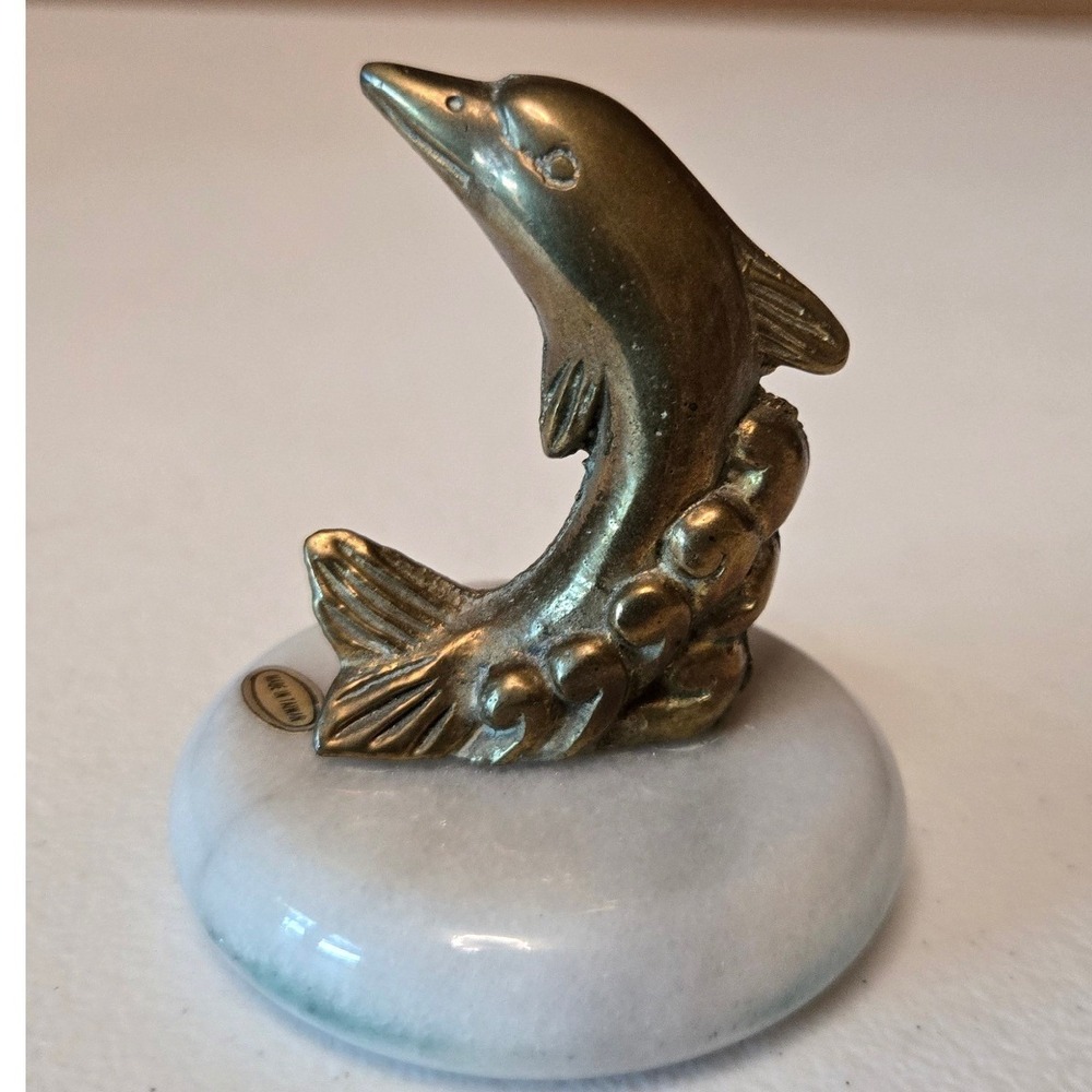 Vintage Brass Dolphin Figurine on Marble Base Nautical Paperweight Taiwan